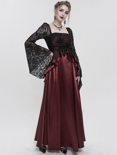 Eva Lady Wine Red Elegant Gothic Retro Lace Appliqued Long Party Dress