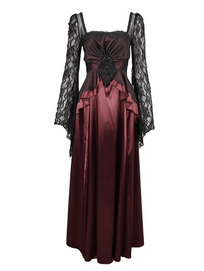 Eva Lady Wine Red Elegant Gothic Retro Lace Appliqued Long Party Dress -  DarkinCloset.com