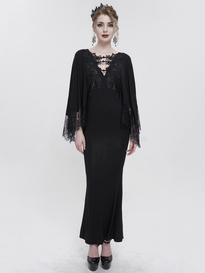 Eva Lady Black Elegant Gothic Lace Cape Long Mermaid Dress