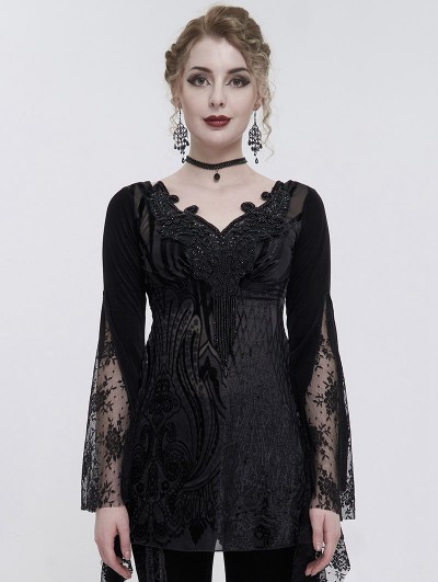 Eva Lady Black Gothic Lace Tasseled Long Trumpet Sleeve Shirt for Women