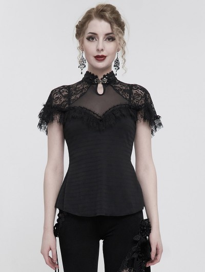 Eva Lady Black Vintage Gothic Lace Short Sleeve Slim Shirt for Women