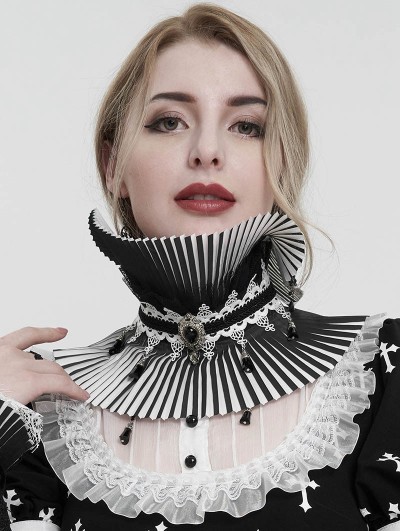 Devil Fashion Black and White Gothic Retro Pleated Stand Collar for Women