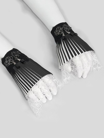 Devil Fashion Black and White Gothic Lace Pleated Flared Gloves for Women