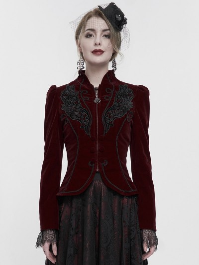 Devil Fashion Wine Red Gothic Vintage Velvet Short Jacket for Women