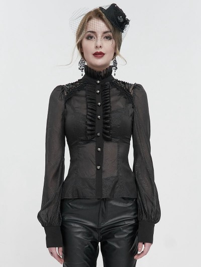 Devil Fashion Black Sexy Gothic Transparent Long Sleeve Blouse for Women