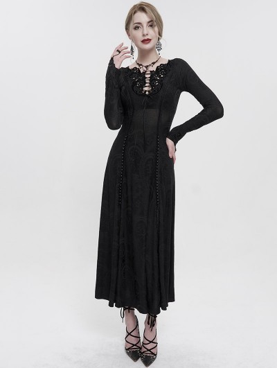 Devil Fashion Black Vintage Gothic Sexy Lace Appliqued Long Sleeve Dress