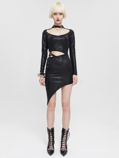 Devil Fashion Black Sexy Gothic Punk Cutout Long Sleeve Irregular Short Slim Dress