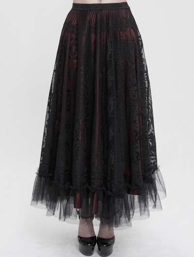 Devil Fashion Wine Red Vintage Gothic Elegant Lace Long Skirt