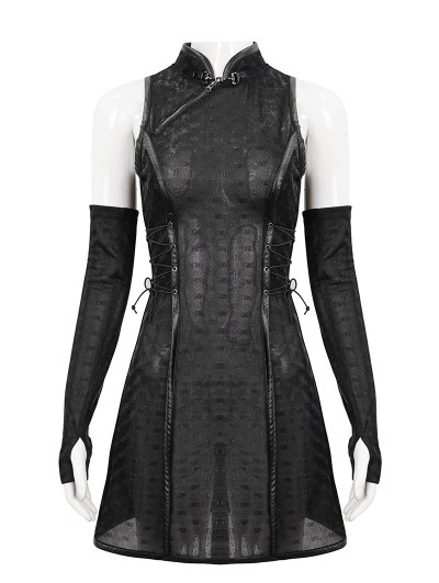 Devil Fashion Black Sexy Gothic Chinese Cheongsam Style Short Dress with Detachable Long Gloves