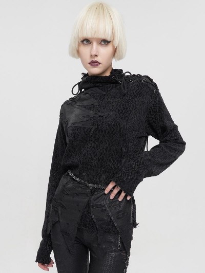 Devil Fashion Black Gothic Ripped Long Sleeve Irregular T-Shirt for Women