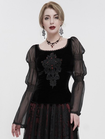 Devil Fashion Black Vintage Gothic Velvet Transparent Long Sleeve Top for Women