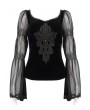 Devil Fashion Black Vintage Gothic Velvet Transparent Long Sleeve Top for Women