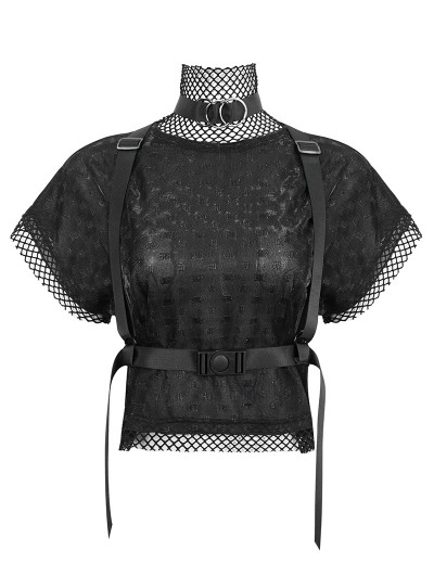 Devil Fashion Black Gothic Grunge Punk Strap Batwing Sleeve Loose T-Shirt for Women