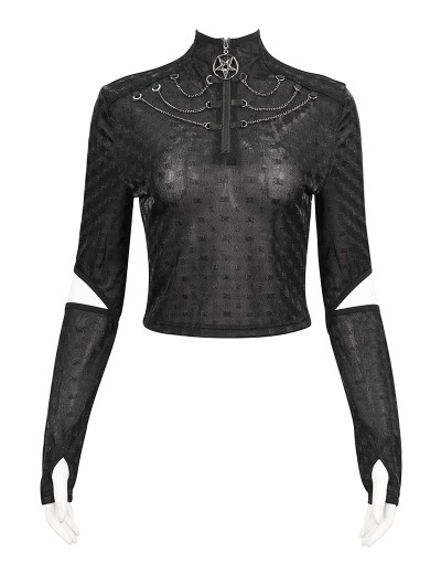 Devil Fashion Black Gothic Punk Stand Collar Long Sleeve Fitted T-shirt for Women
