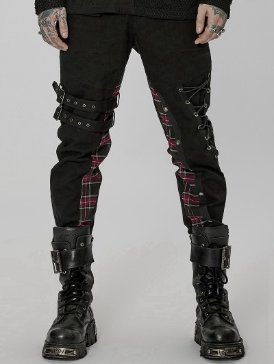 Punk Rave Black and Red Handsome Gothic Punk Plaid Spliced Long Pants for Men