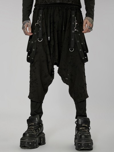 Punk Rave Black Dark Gothic Punk Knitted Holes Loose Crotch Pants for Men