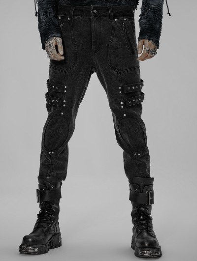 Punk Rave Black Gothic Punk Post Apocalyptic Slim Fit Denim Pants for Men