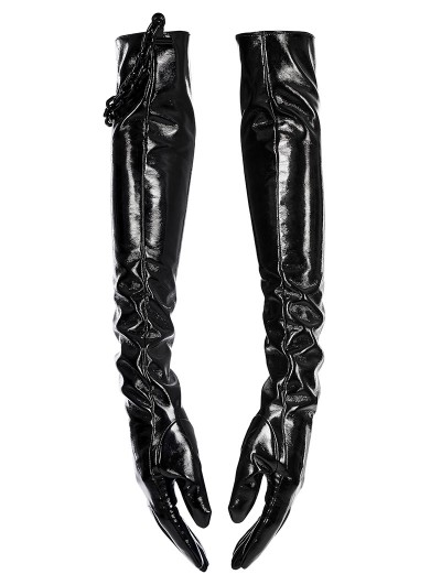 Punk Rave Men's Black Gothic Punk Patent Leather Gloves with Detachable Chain