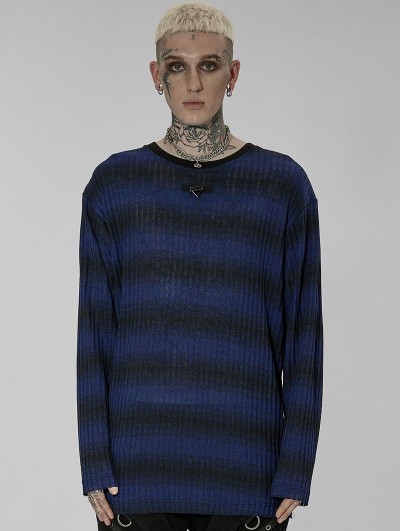 Punk Rave Black and Blue Gothic Punk Daily Wear Loose Stripe Sweater ...