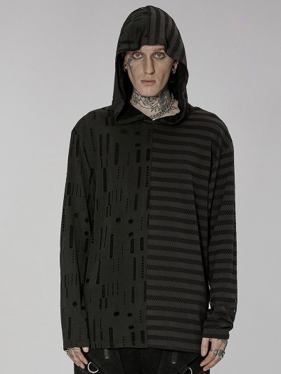 Punk Rave Black Gothic Daily Asymmetric Spliced Long Sleeve Hooded T-Shirt for Men