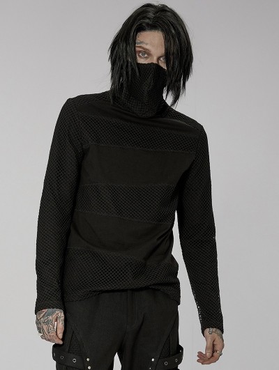 Punk Rave Black Gothic One-Piece Masked Long Sleeve T-Shirt for Men