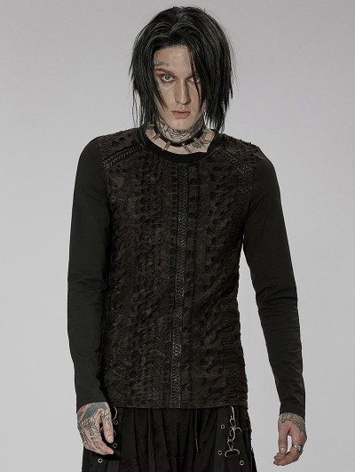 Punk Rave Black Gothic Knitted Printed Slim Fit Long Sleeve T-Shirt for Men