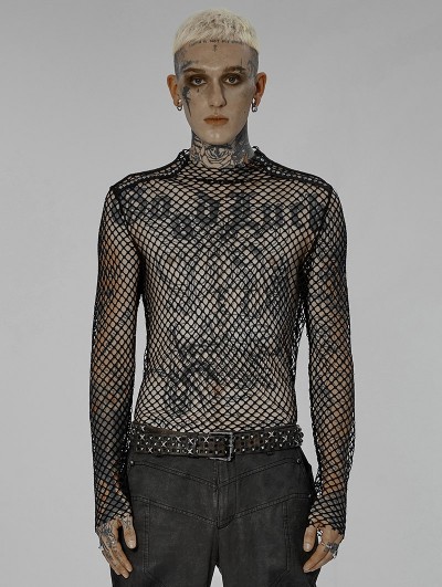 Punk Rave Black Gothic Sexy Gauze Unedged Long Sleeve T-Shirt for Men