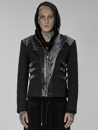Punk Rave Black and Gray Gothic Punk Zipper Tie-Dyed Short Coat for Men