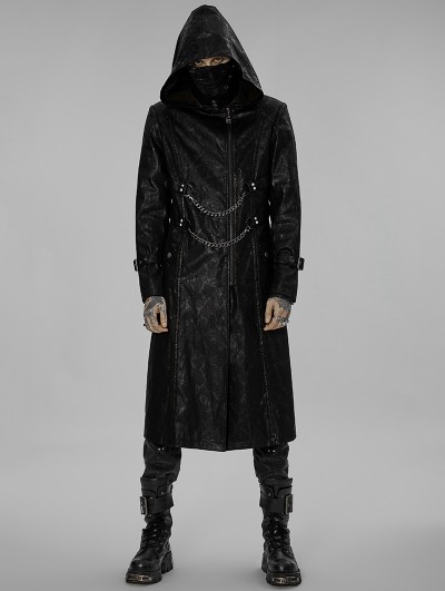 Punk Rave Black Gothic Punk Printing Stand Collar Long Hooded Coat for Men