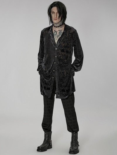Punk Rave Black Gothic Retro Medium Length Velvet Casual Long Sleeve Shirt for Men