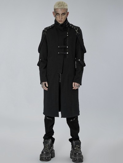 Punk Rave Black Gothic Punk High Collar Rivet Long Coat for Men