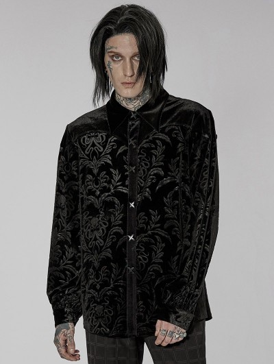 Punk Rave Black Vintage Loose Gothic Print Long Sleeve Velvet Shirt for Men