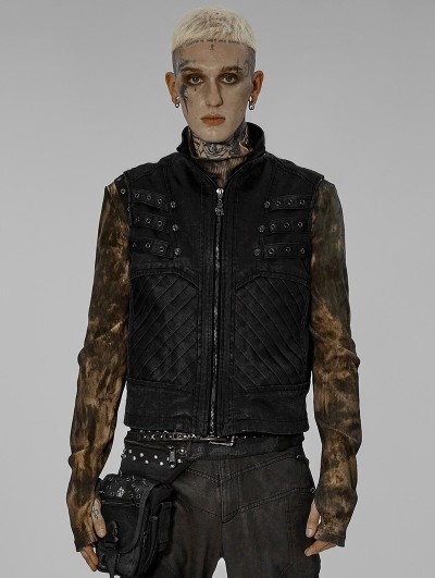 Punk Rave Black Gothic Punk Post Doomsday Distressed Fitted Vest for Men