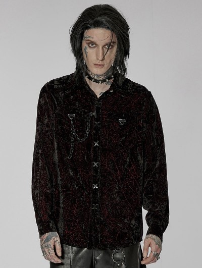 Punk Rave Black and Red Gothic Punk Daily Velvet Shirt with Detachable Chain for Men