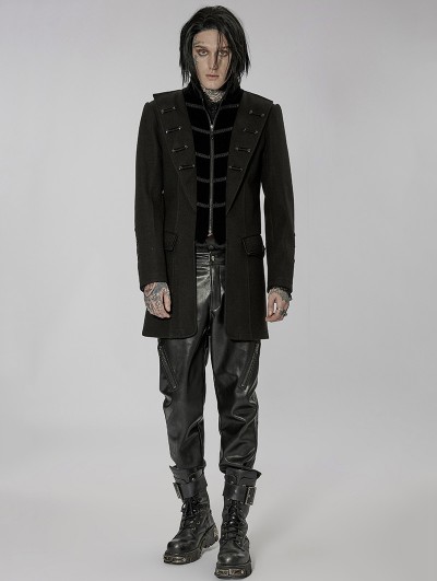 Punk Rave Black Gothic Punk Faux Wool Medium Long Fit Casual Coat for Men
