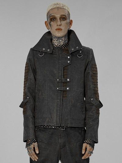Punk Rave Gray and Coffee Gothic Punk Rivets Post Apocalyptic Style Short Jacket for Men