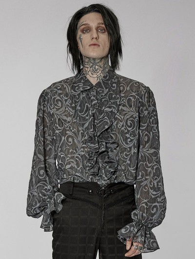 Punk Rave Gray Vintage Gothic Embossed Pattern Long Sleeve Shirt for Men