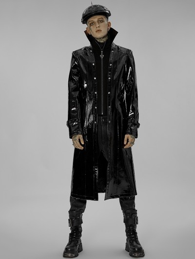 Punk Rave Black Gothic Punk Double Stand Collar Patent Leather Long Coat for Men