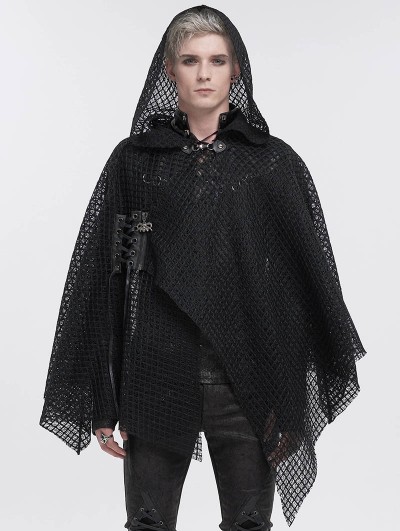 Devil Fashion Black Gothic Punk Irregular Loose Net Hooded Cloak for Men