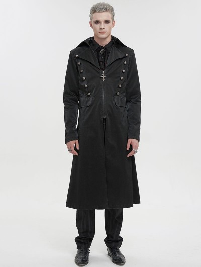 Devil Fashion Black Gothic Punk Leather Cross Long Coat for Men