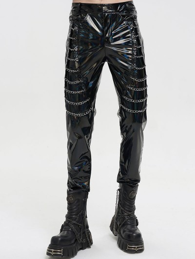 Devil Fashion Black Gothic Punk Layered Chain Long Fitted Leather Pants for Men