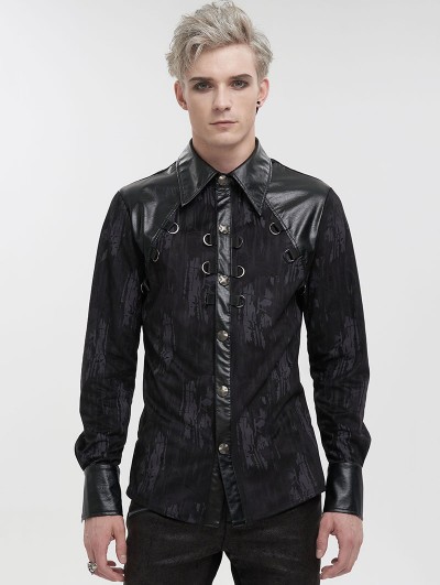 Devil Fashion Black Gothic Punk Leather Spliced Long Sleeve Shirt for Men