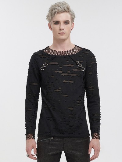 Devil Fashion Black Gothic Punk Net Holes Long Sleeve T-Shirt for Men