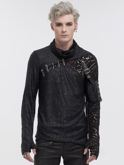 Devil Fashion Black Gothic Punk Pullover Pins Asymmetrical Long Sleeve T-Shirt for Men