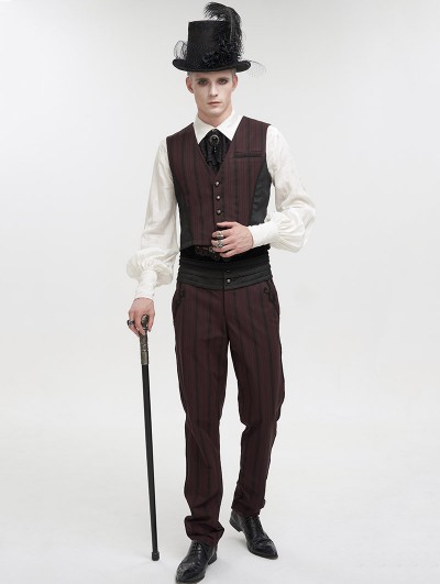 Devil Fashion Wine Red Stripe Gothic Vintage Party Tailed Waistcoat for Men