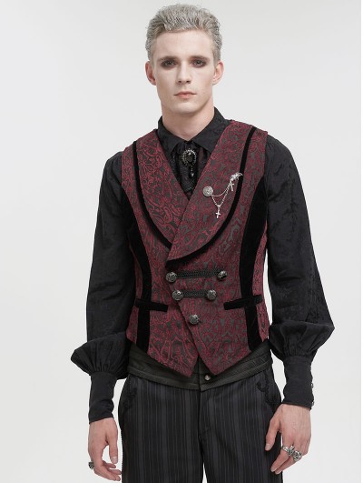 Devil Fashion Black and Red Gothic Retro Gorgeous Jacquard Wedding Party Waistcoat for Men