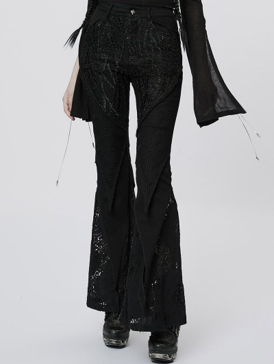 Punk Rave Black Gothic Lace Mesh Long Flared Pants for Women