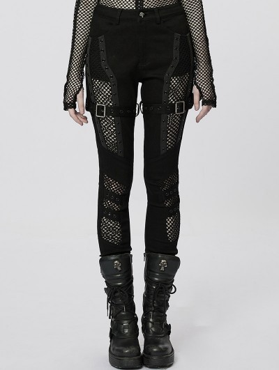 Punk Rave Black Gothic Punk Sexy Hollow Mesh Long Tight Pants for Women