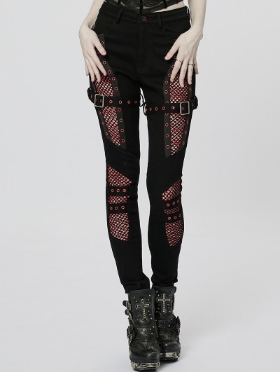 Punk Rave Black and Red Gothic Punk Sexy Hollow Mesh Long Tight Pants for Women