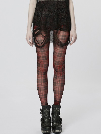 Punk Rave Black and Red Plaid Gothic Grunge Mesh Leggings for Women